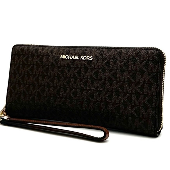 Michael Kors Large Jet Set Travel Continental Wallet Wristlet Brown Signature - Picture 1 of 10